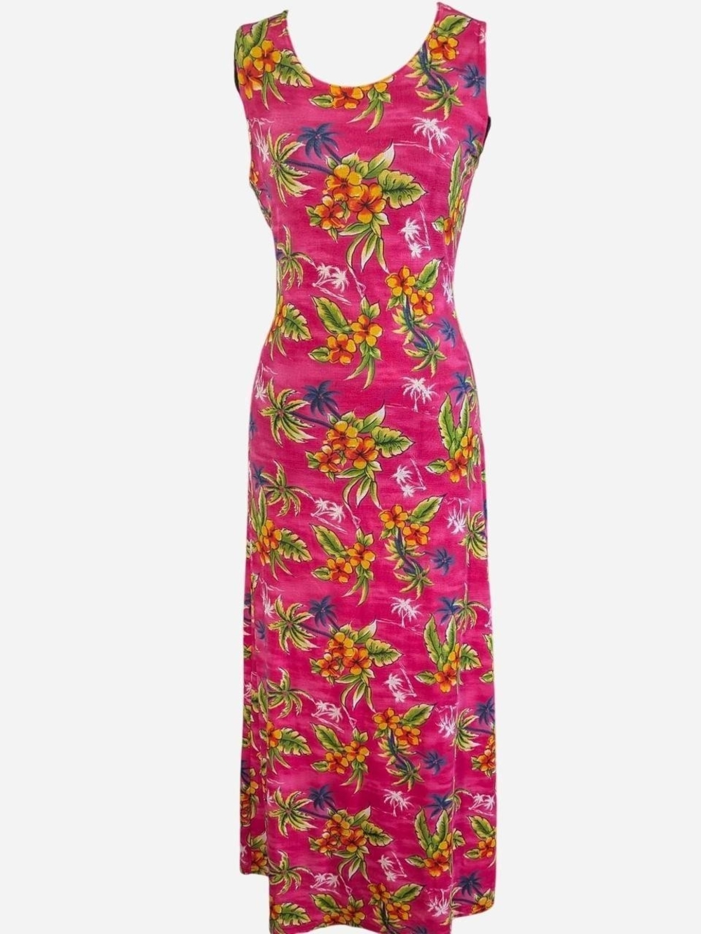 Vintage 80s Janana's Tropical Floral Sleeveless Maxi Dress in Hot Pink